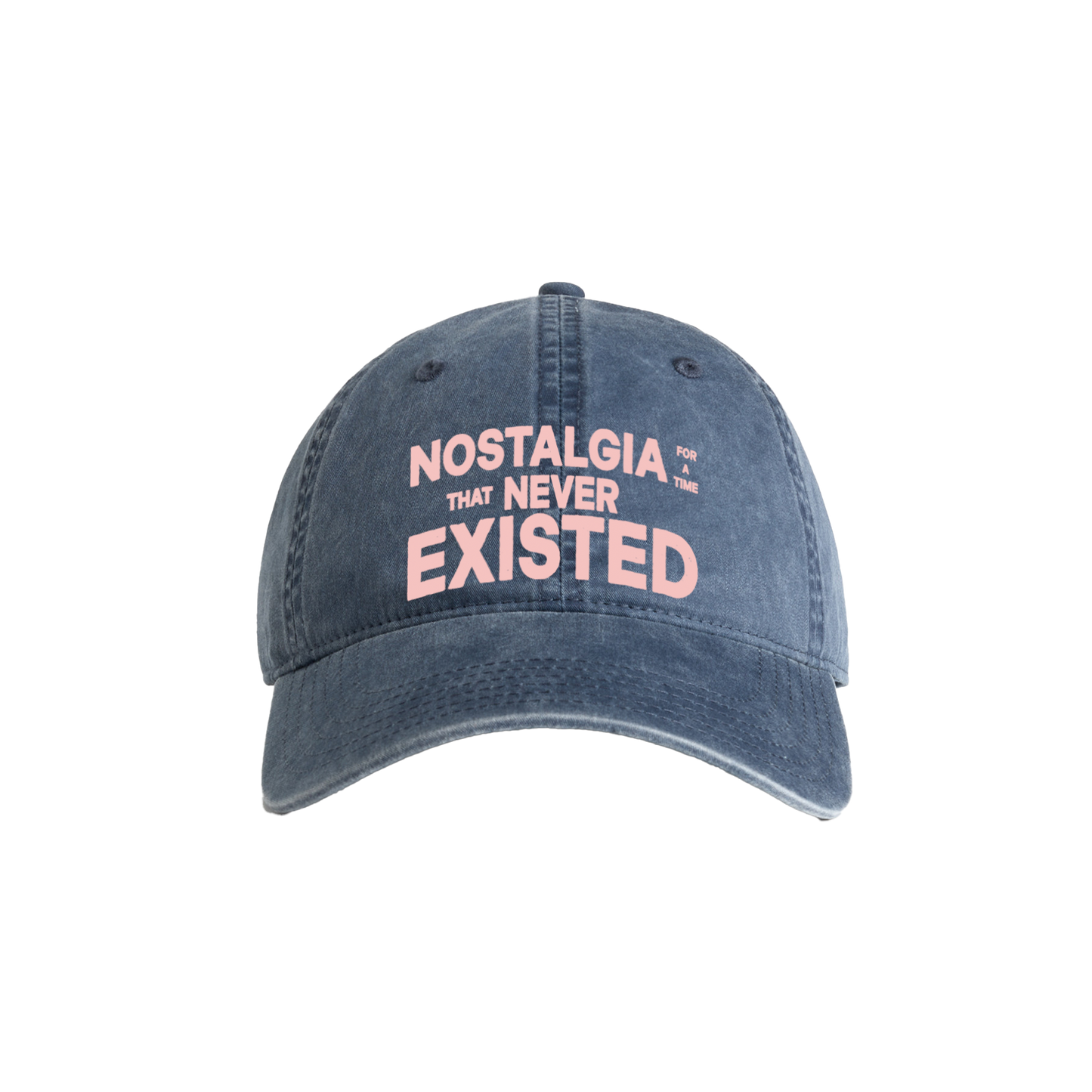 Navy cotton cap with text 'NOSTALGIA THAT NEVER EXISTED' on the front.