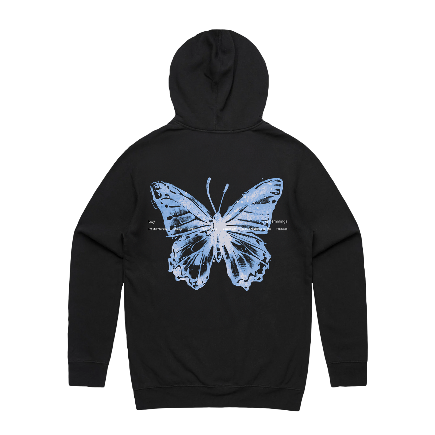 This black hoodie has a&nbsp;relaxed, modern fit and is made from a polyester and cotton mix.

Featuring boy logo on the front and butterfly on the back.

Pullover hood, raglan sleeves, kangaroo pocket, lined hood, tonal drawcord, sleeve cuff ribbing, preshrunk to minimize shrinkage.