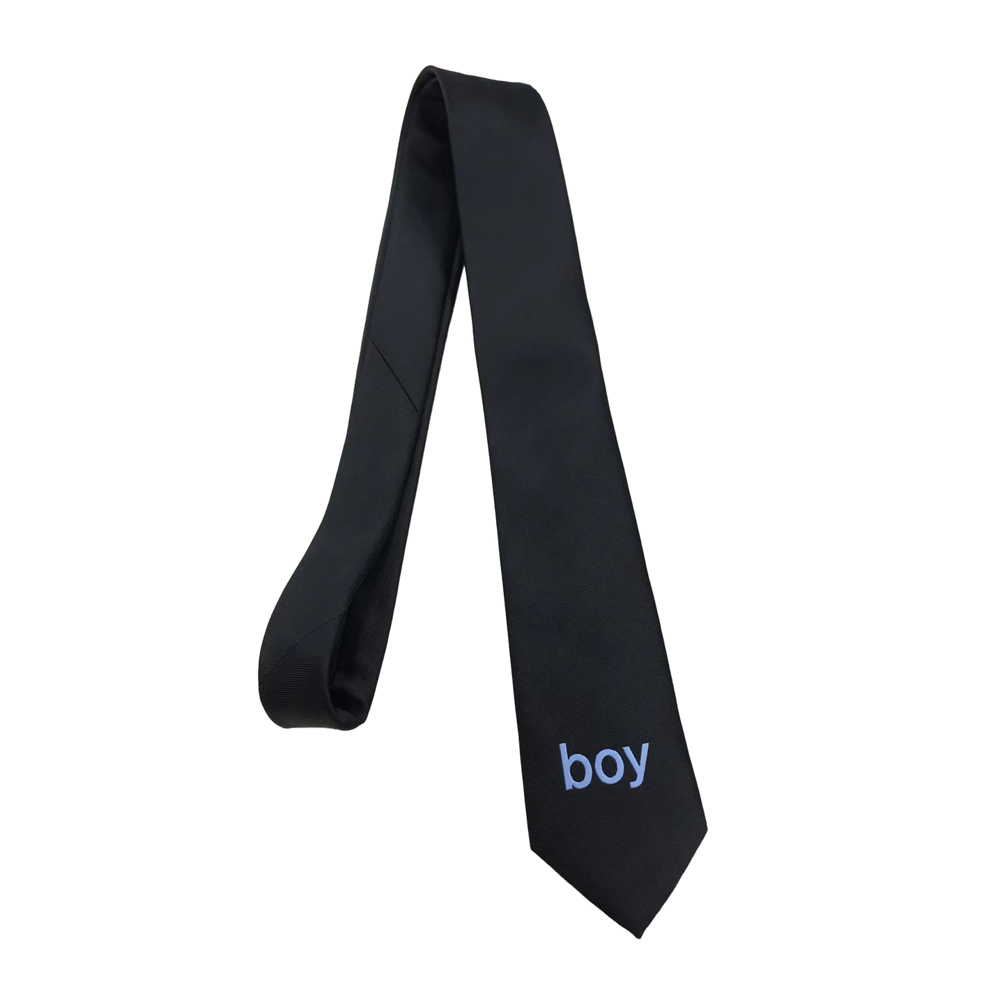Black Tie with Boy printed in light blue on the front.