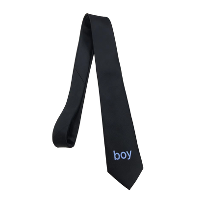 Black Tie with Boy printed in light blue on the front.