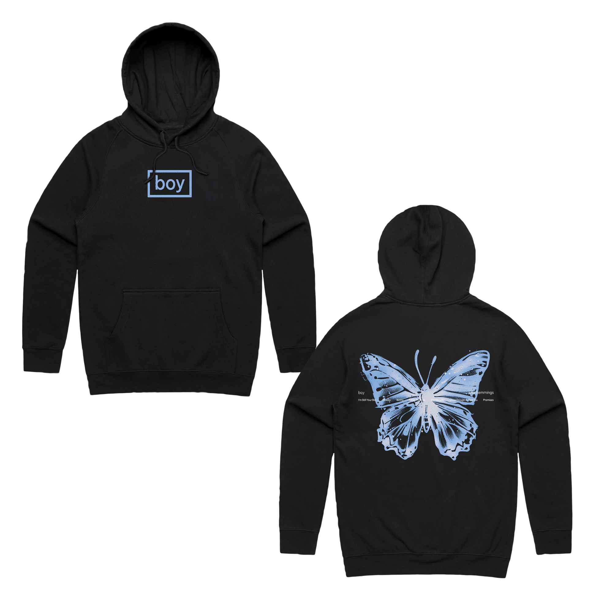 This black hoodie has a&nbsp;relaxed, modern fit and is made from a polyester and cotton mix.

Featuring boy logo on the front and butterfly on the back.

Pullover hood, raglan sleeves, kangaroo pocket, lined hood, tonal drawcord, sleeve cuff ribbing, preshrunk to minimize shrinkage.