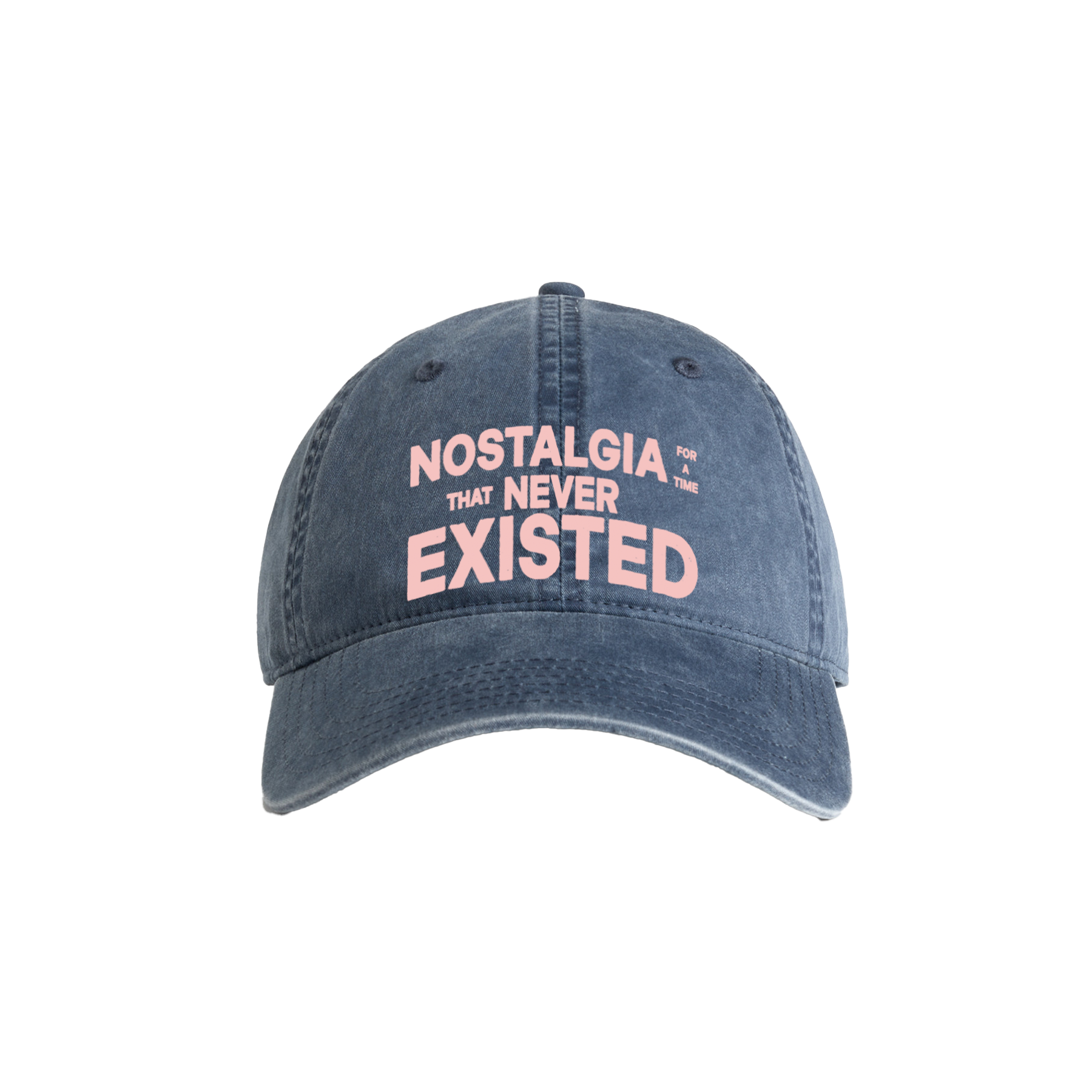 Navy cotton cap with text 'NOSTALGIA THAT NEVER EXISTED' on the front.